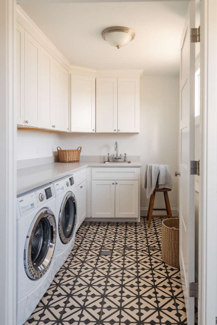 White laundry room with bold black-and-white geometric patterned cement tile flooring and white shaker cabinets