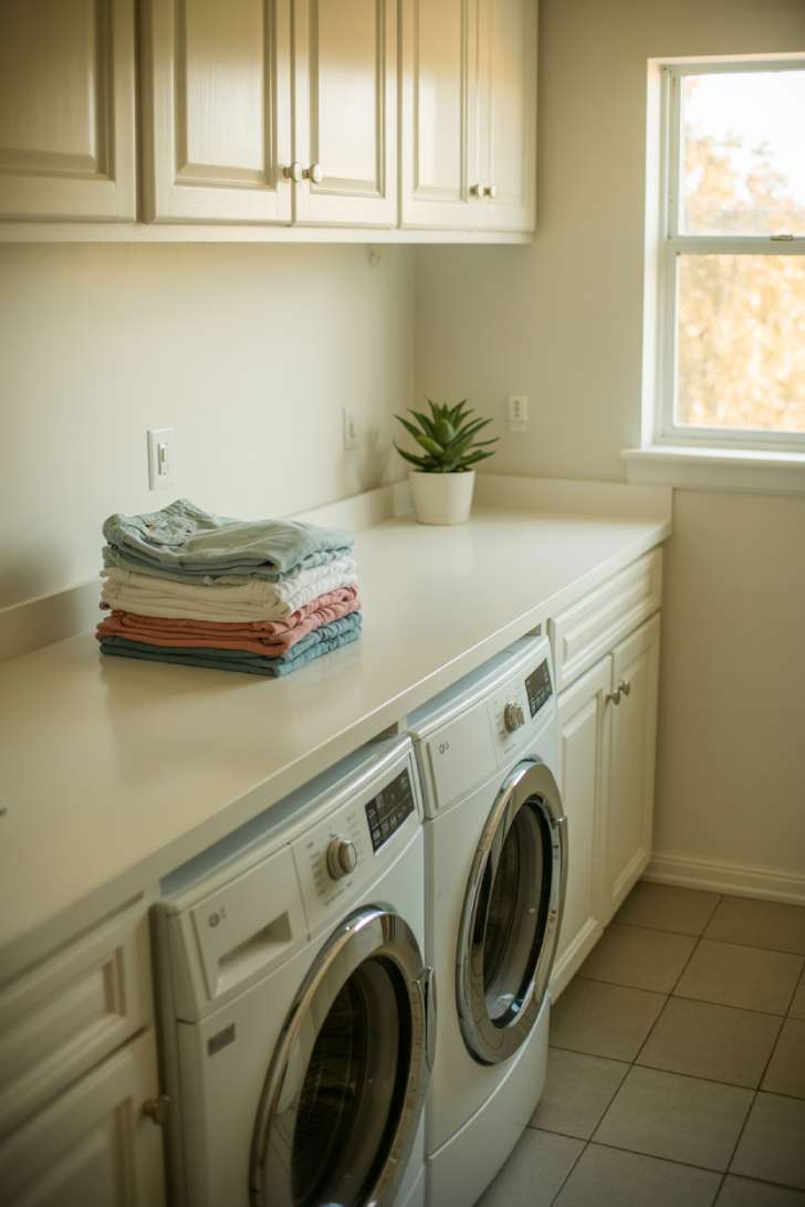 White countertop laundry room with a full-width folding surface, stacked folded shirts, and warm afternoon light through a window