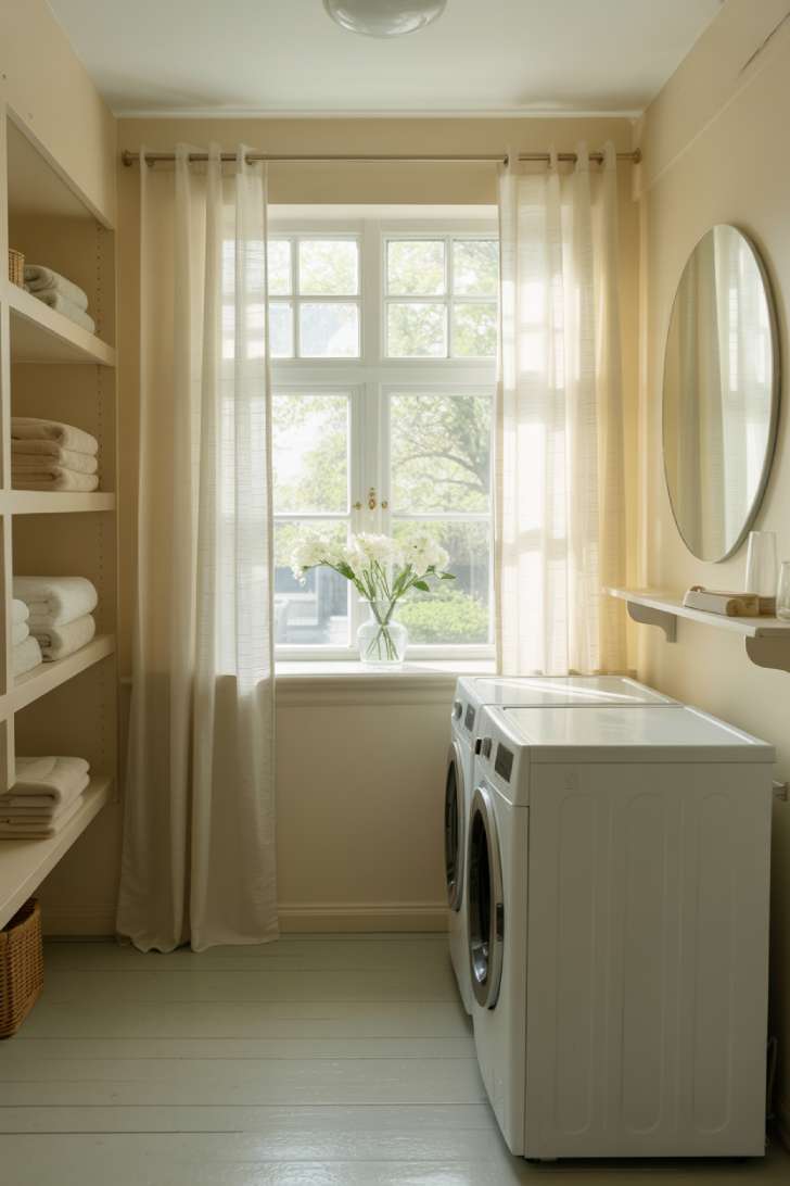 Bright white laundry room filled with natural light from a large window, sheer linen curtains, and a frameless round mirror