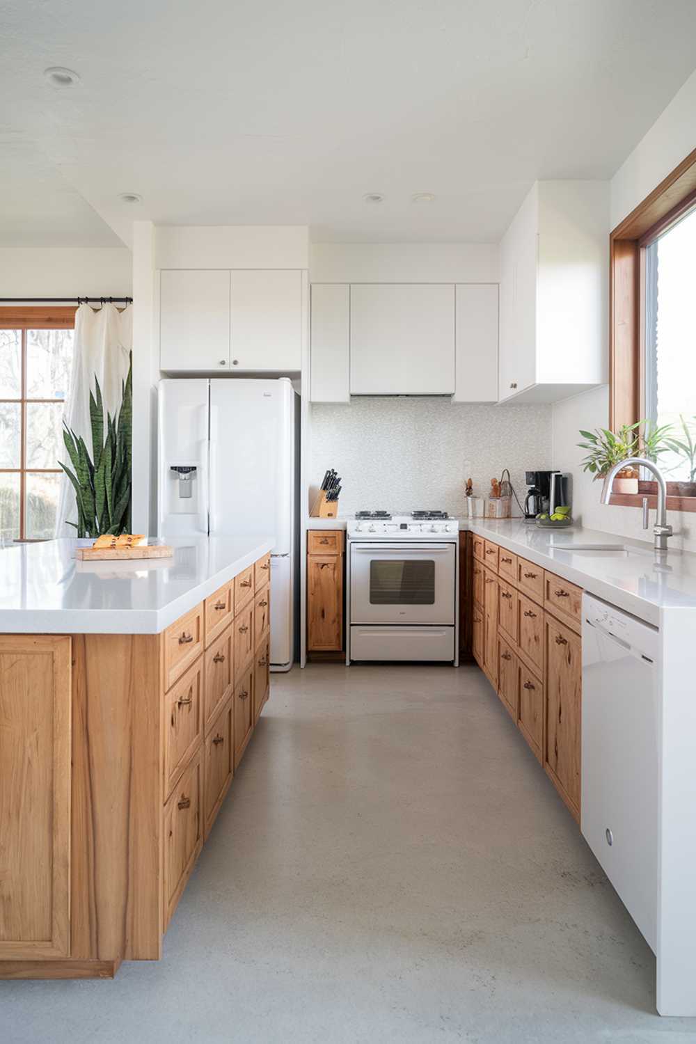 A white modern kitchen with natural wood kitchen cabinets. The kitchen has a large island with a white quartz countertop and natural wood cabinets. There's a white refrigerator, oven, and dishwasher. The backsplash is a textured white material. The floor is a light gray concrete. There's a potted plant near the window. The window has a wooden frame and a curtain.