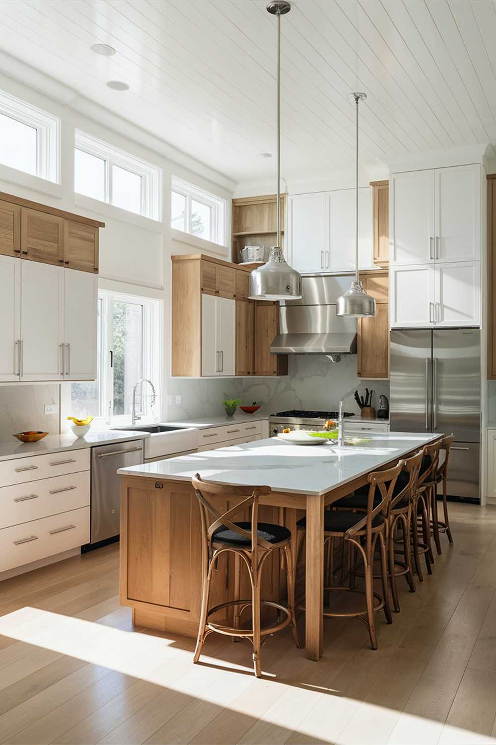 A stunning modern kitchen with white cabinets and natural wood accents. The room is bright and airy, with sleek stainless steel appliances and a large island in the center. Suspended pendant lights hang over the island, which features white marble countertops and barstools. The natural wood cabinets add warmth to the space, and large windows let in abundant sunlight, highlighting the clean, minimalist design.