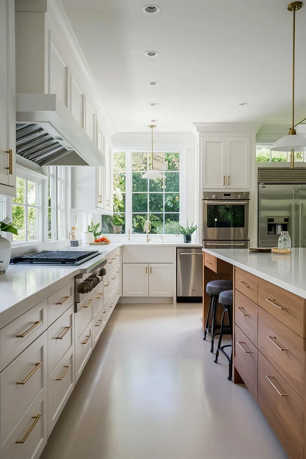 A pristine white modern kitchen with sleek, natural wood kitchen cabinets. The cabinets are adorned with elegant brushed gold handles and have a matte finish. The kitchen is well-lit with natural light pouring in from large windows, showcasing a lush green garden outside. The open-concept space features a large island with stools and stainless steel appliances, including an oven, fridge, and dishwasher. The overall ambiance is clean, airy, and inviting, perfect for a culinary enthusiast.