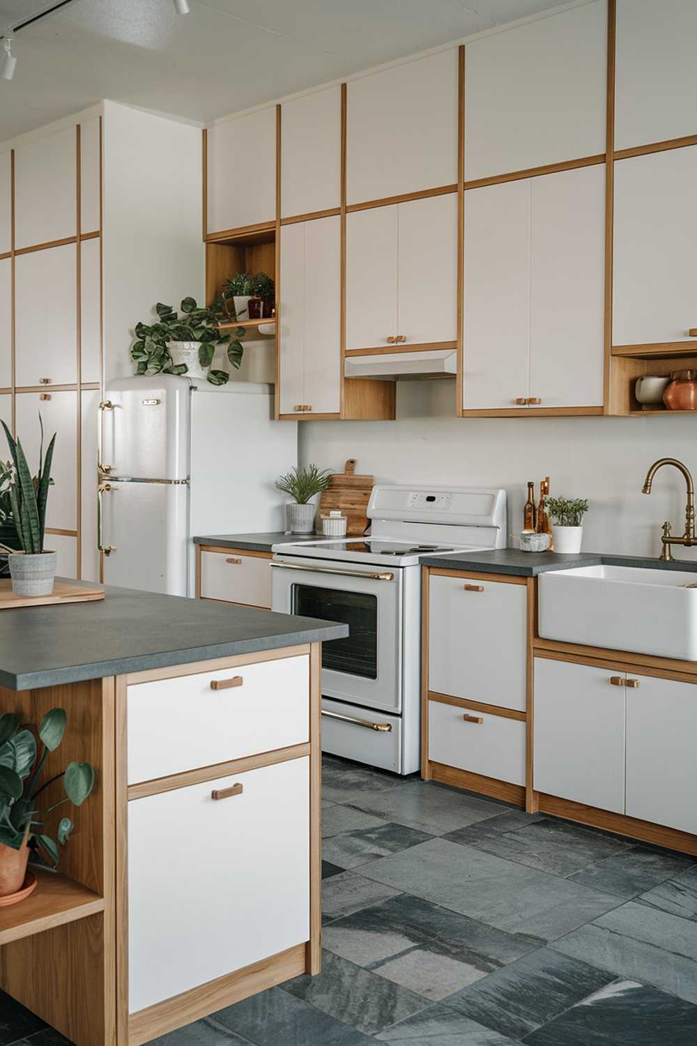 A modern kitchen with white cabinets and natural wood elements. The cabinets are sleek and have a matte finish. A large wooden island with a dark gray countertop is in the center of the kitchen. There's a white stove with a glass door, a white refrigerator, and a white sink with a brass faucet. The floor is made of large gray tiles. There are potted plants on the wooden island and near the refrigerator. The lighting is bright.