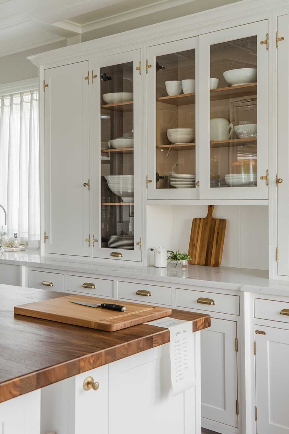 A modern white kitchen with wood accents. There's a large island with a wooden top and white cabinets. The cabinets have a few glass doors, revealing a collection of white dishes. There's a wooden cutting board and a knife on the counter. A piece of paper with something written on it is placed near the cutting board. The background contains a window with a curtain.