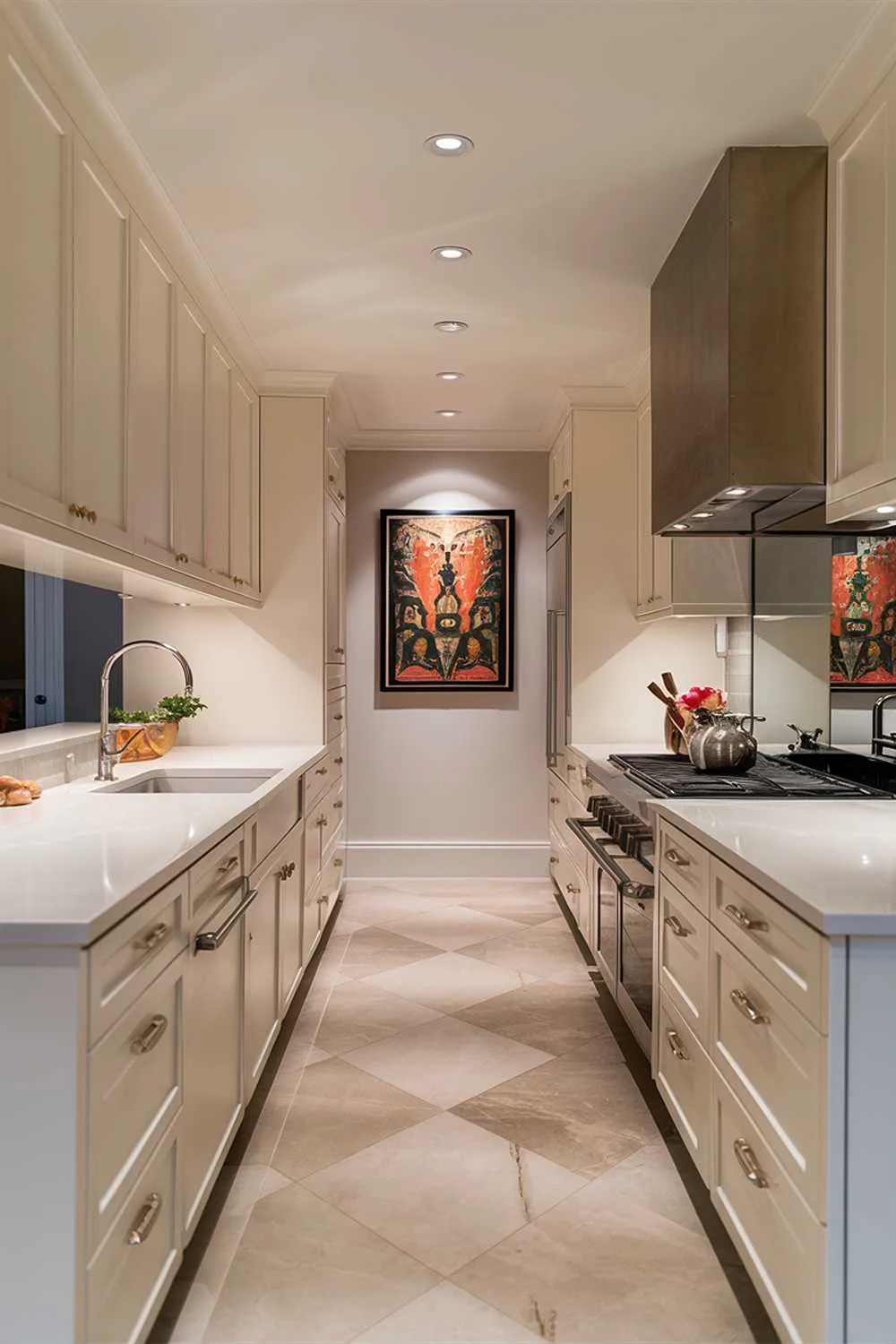 A contemporary kitchen design, featuring a sleek and modern color palette. The classic white cabinets and countertops create a clean, open space, while the modern touch is introduced with metallic accents and a pop of color from the artwork hanging on the wall. The flooring showcases a beautiful, large-scale pattern that adds depth and character to the room. The overall ambiance of the space is warm, inviting, and perfect for entertaining.