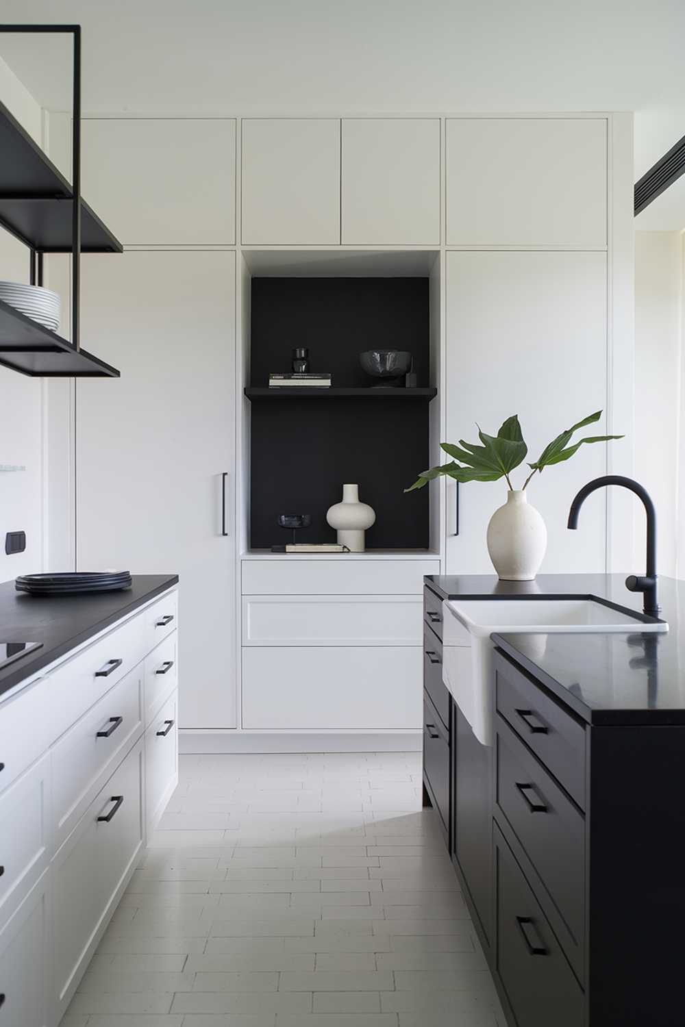 A minimalist white kitchen with a black island. There's a white cabinet with a black countertop on the left, and a white cabinet with a black drawer below it. Above the cabinet, there's a black shelf. On the black island, there's a white sink with a black faucet. There's also a black countertop with a white vase and a few green leaves. The floor is made of white tiles. The room has a window on the right.