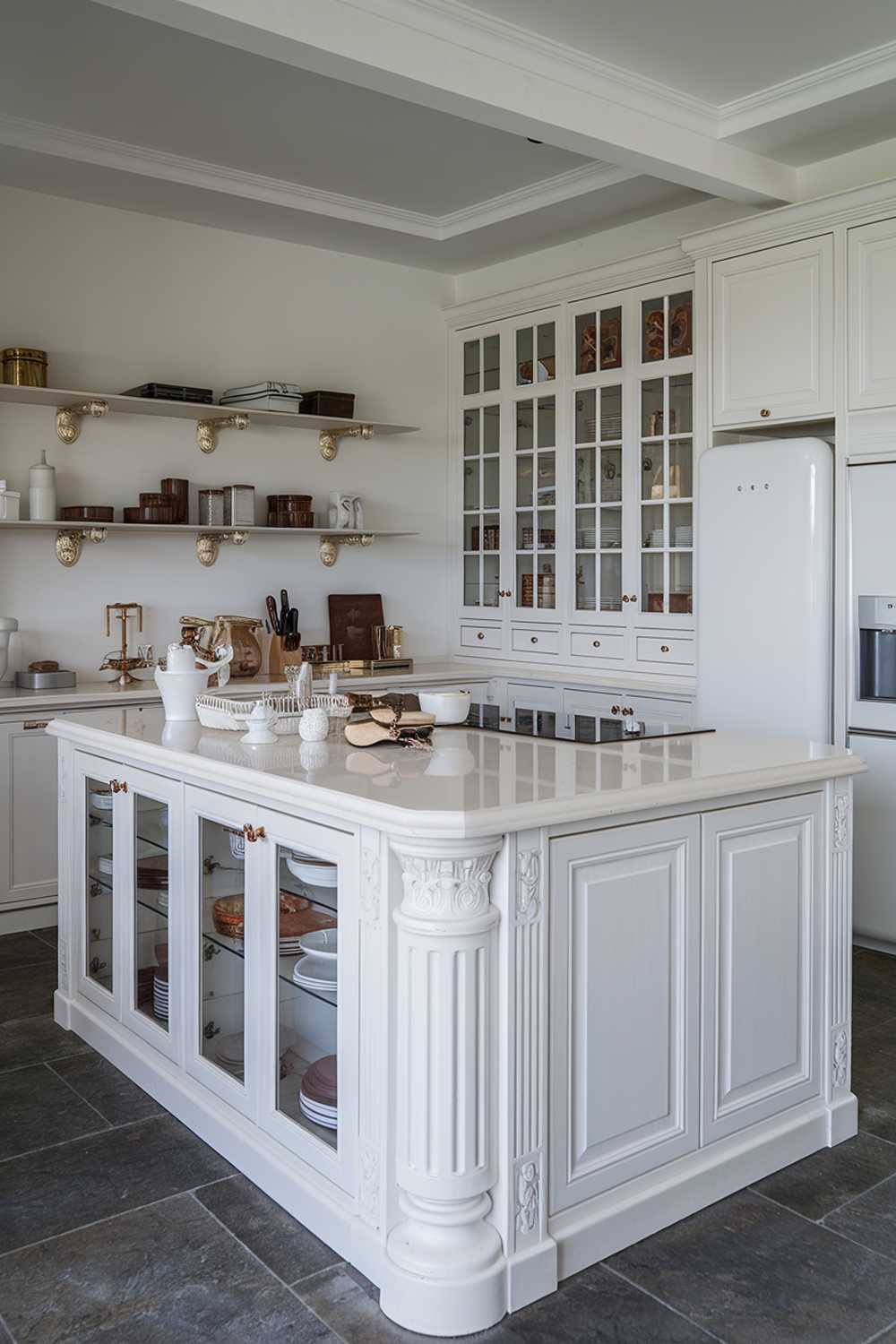 A luxury white kitchen with a center island. The island has a white quartz countertop and a few items on it. There's a white cabinet with glass doors near the wall. The wall has a few shelves with white and brown items. There's a white oven and a white fridge against the wall. The floor is made of dark gray tiles.