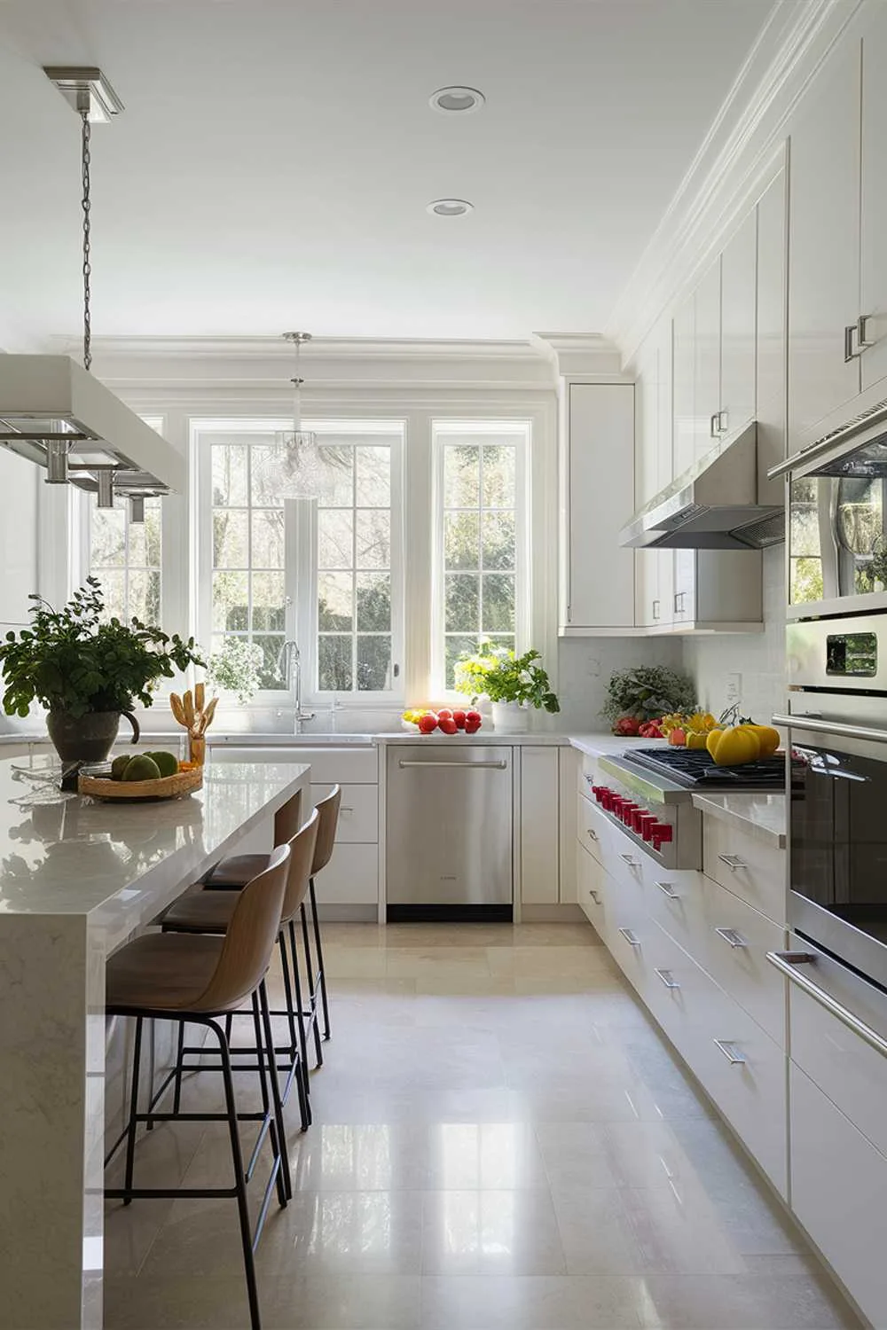 A pristine, contemporary kitchen with sleek white cabinetry and stainless steel appliances, illuminated by natural light streaming through large windows. The island features a beautiful marble countertop and barstools with a wooden finish. The space is accentuated by a stylish pendant light, potted greenery, and an array of fresh fruits and vegetables on display. The overall ambiance is clean, inviting, and sophisticated.