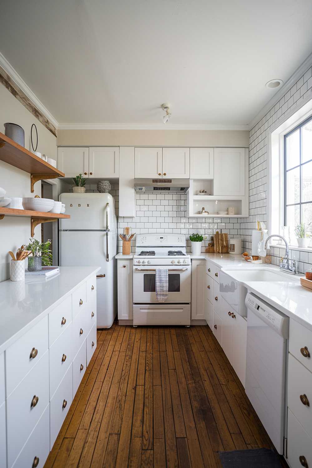 A modern dream white kitchen with a white cabinets, white countertops, and white backsplash. There is a white stove, white refrigerator, and white sink. The kitchen has wooden flooring and a few decorative items. There is a window with natural light.