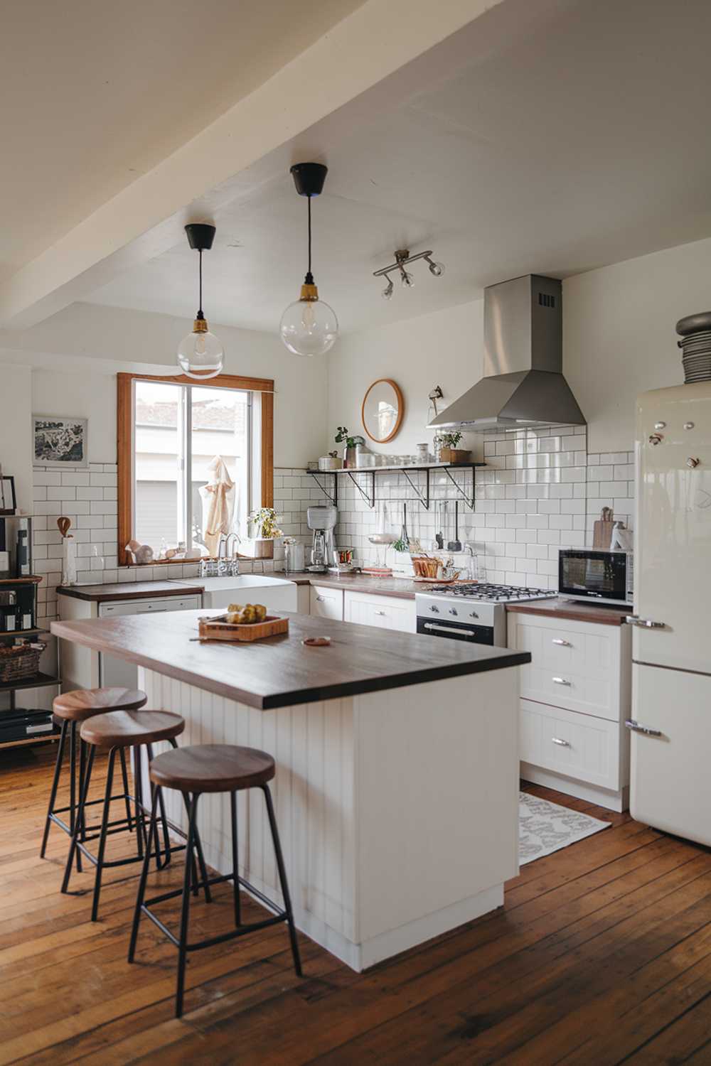 A cozy modern white kitchen interior design with a large island in the middle. The island has a dark wooden countertop and a few stools. There's a sink with a window above it. Along the wall, there's a fridge, a stove, and a microwave. There are pendant lights hanging above the island. The floor is made of wooden planks.