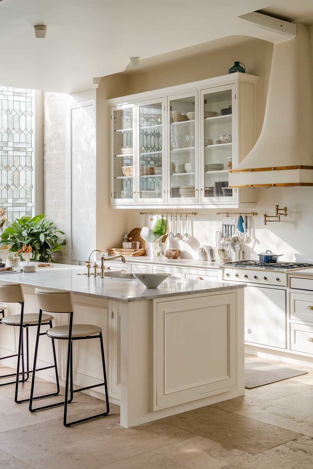 A modern white kitchen with a cozy ambiance. The kitchen has a large island with a marble countertop and a sink. There are bar stools in front of the island. The perimeter of the kitchen contains cabinets with glass doors, revealing a variety of cookware and utensils. Above the cooktop, there's a wall-mounted oven and a hood. The floor is made of large beige tiles. There's a potted plant near the cabinets. Natural light fills the space through a window with a decorative glass pattern. 