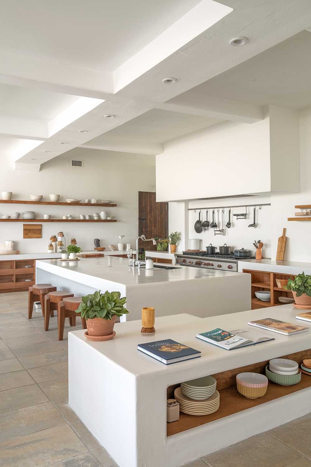 A modern white kitchen with wooden elements. The kitchen has a large island with a sink and seating. There is a stove with pots and pans on the wall behind the island. The floor is tiled. There are potted plants and cookbooks on the counter. The walls have wooden shelves with dishes and utensils. The lighting is bright.