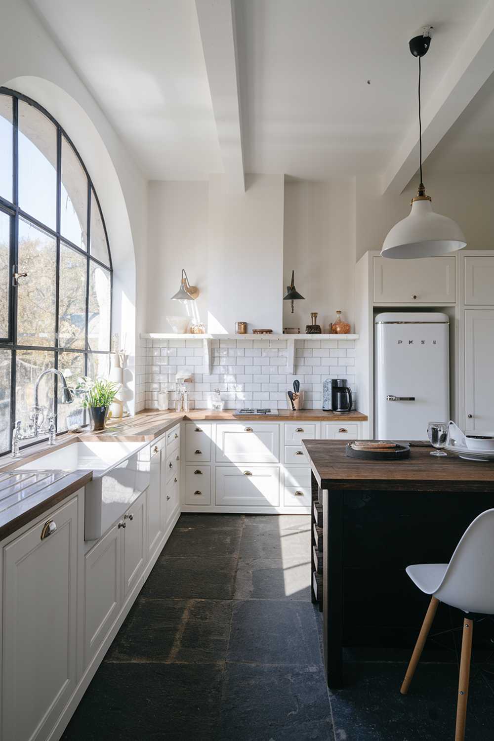 A modern white kitchen design with a dark island. There is a large window with natural light streaming in. The kitchen has a white sink, white cabinets, and a white refrigerator. The dark island has a wooden countertop and a pendant light. There is a white chair near the island. The floor is made of dark gray tiles.