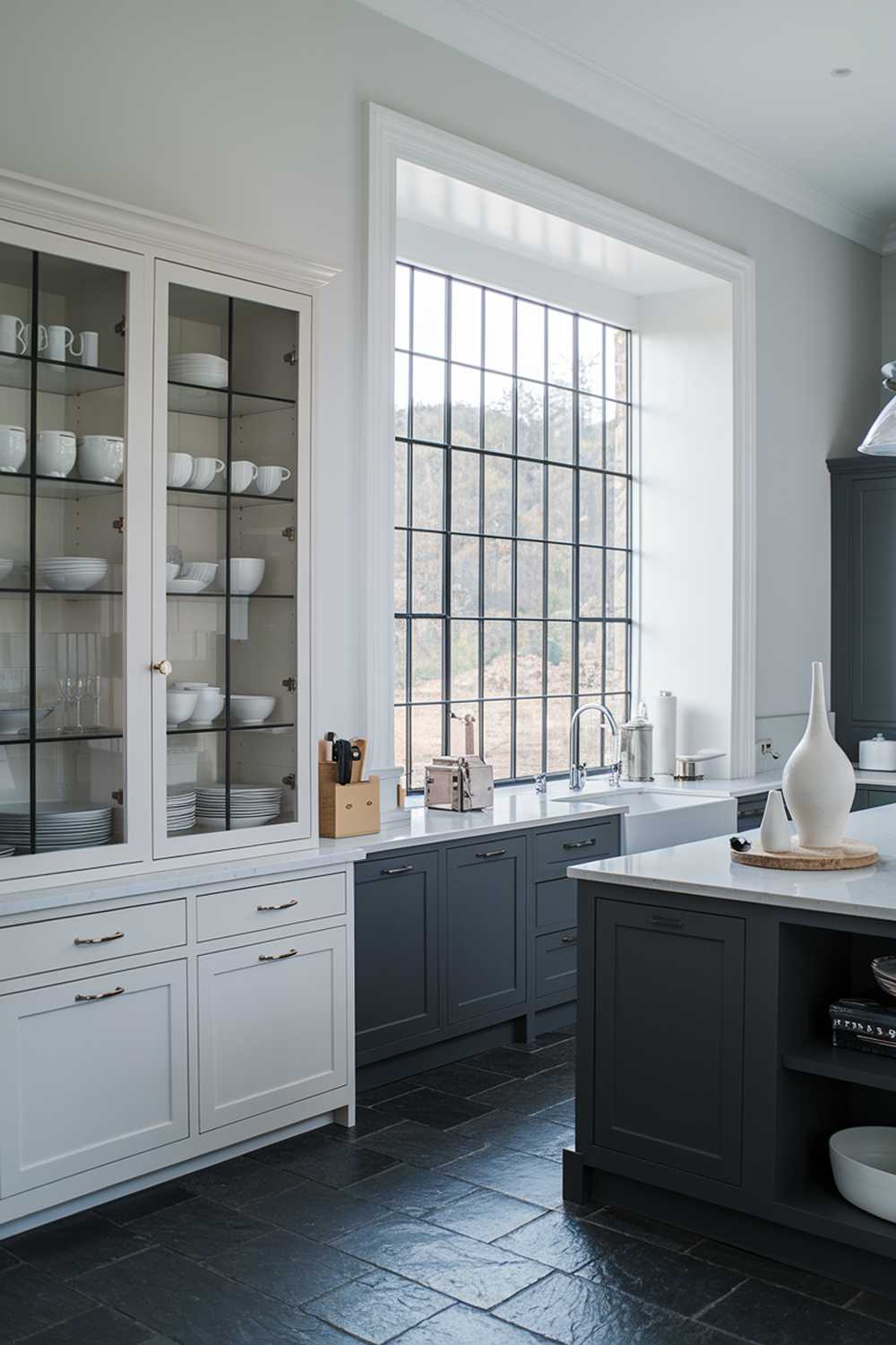 A modern, gorgeous white kitchen with a dark gray island. The kitchen has a large window with a view of nature. There is a white cabinet with glass doors on the left, containing white dishes. There is a dark gray cabinet below the window. The dark gray island has a white countertop and a few items, including a white vase. The floor is made of dark gray tiles. There is a pendant light hanging above the island. The walls are painted white.