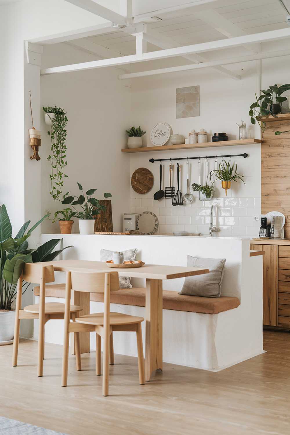 A modern cozy white kitchen with wooden elements and a few potted plants. There is a kitchen island with a built-in dining table and chairs. The walls have a few shelves with decorative items. The backsplash area has a few hanging potted plants. The flooring is a light wood