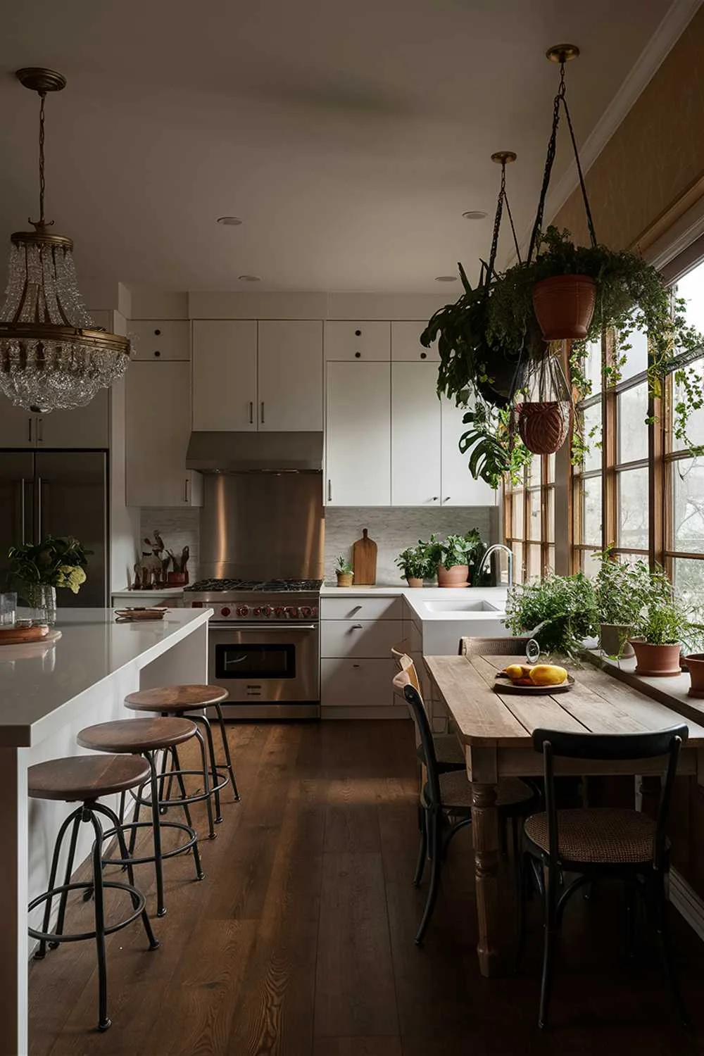 A stunning, contemporary kitchen with sleek white cabinetry, stainless steel appliances, and a large island with bar stools. The room is filled with warm, cozy ambiance, enhanced by a beautiful chandelier and ample natural light from the windows. The space is adorned with potted greenery, a cluster of hanging plants, and a rustic wooden cutting board hanging on the wall. A wooden dining table and chairs are placed near the window, inviting relaxation and conversation.