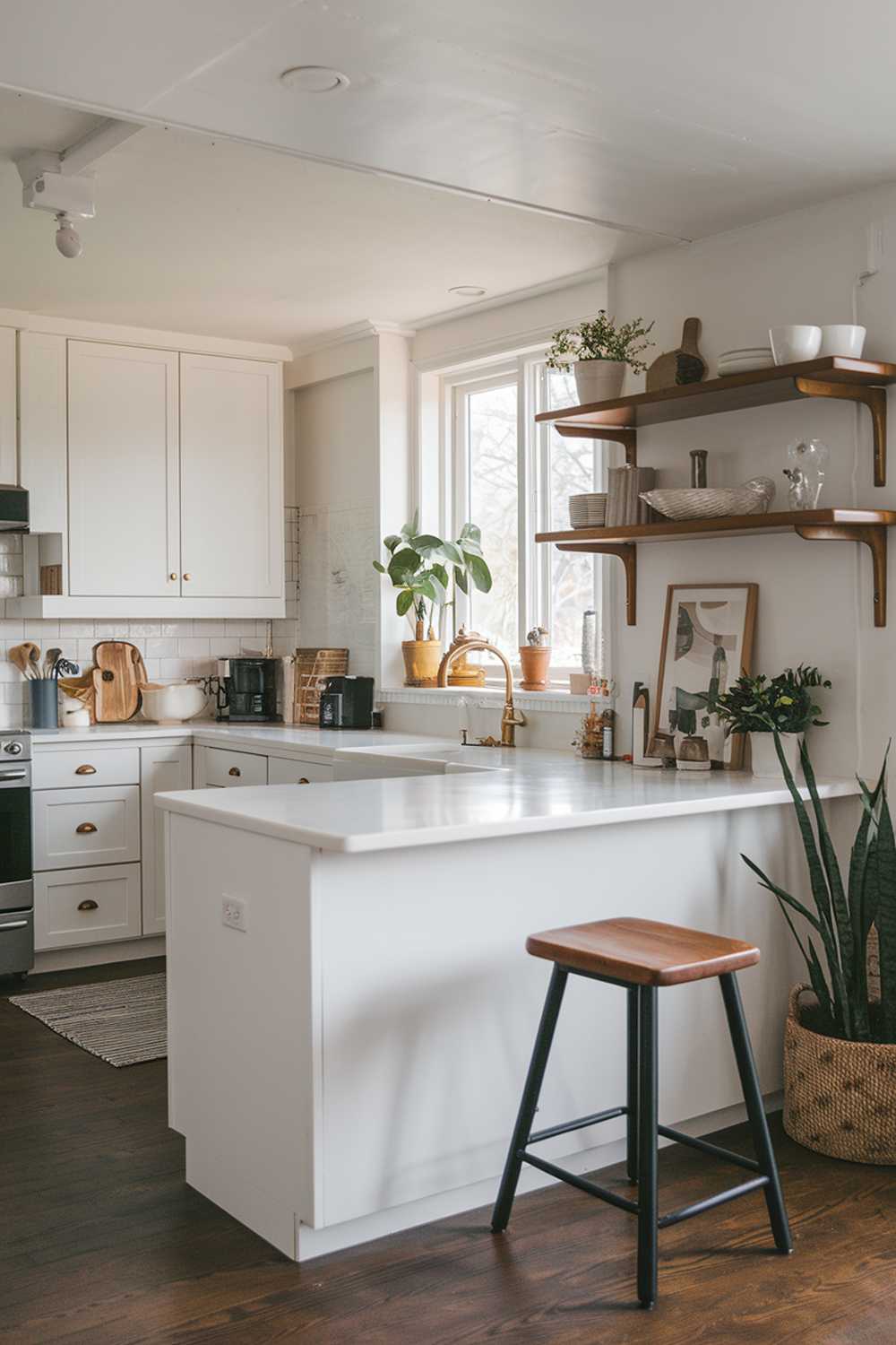 A cozy modern kitchen with white cabinets, a white island, and a white countertop. The kitchen has a few wooden elements, including a floating shelf and a barstool. There's a potted plant near the window. The floor is made of dark wood.