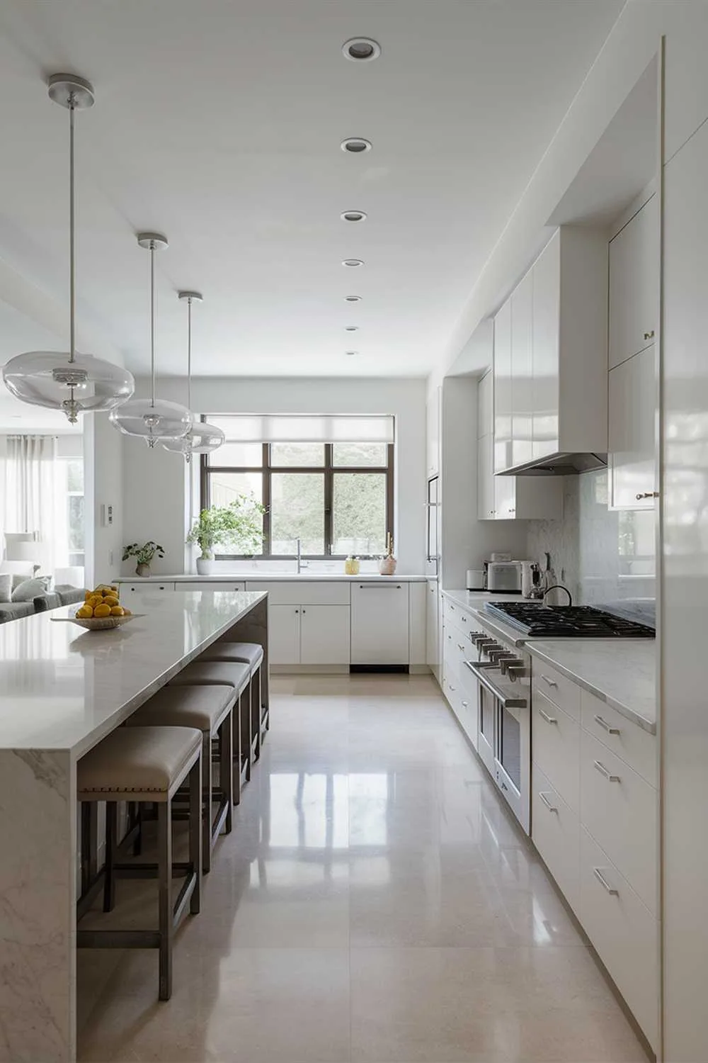 A stunning modern minimalist kitchen adorned in pristine white tones. The sleek, spacious design features a long island with stools, pristine white cabinets and appliances, and a large windows offering natural light. The space is accented with clean lines, a marble countertop, and modern pendant lights adding a touch of warmth and sophistication to this cozy kitchen haven.