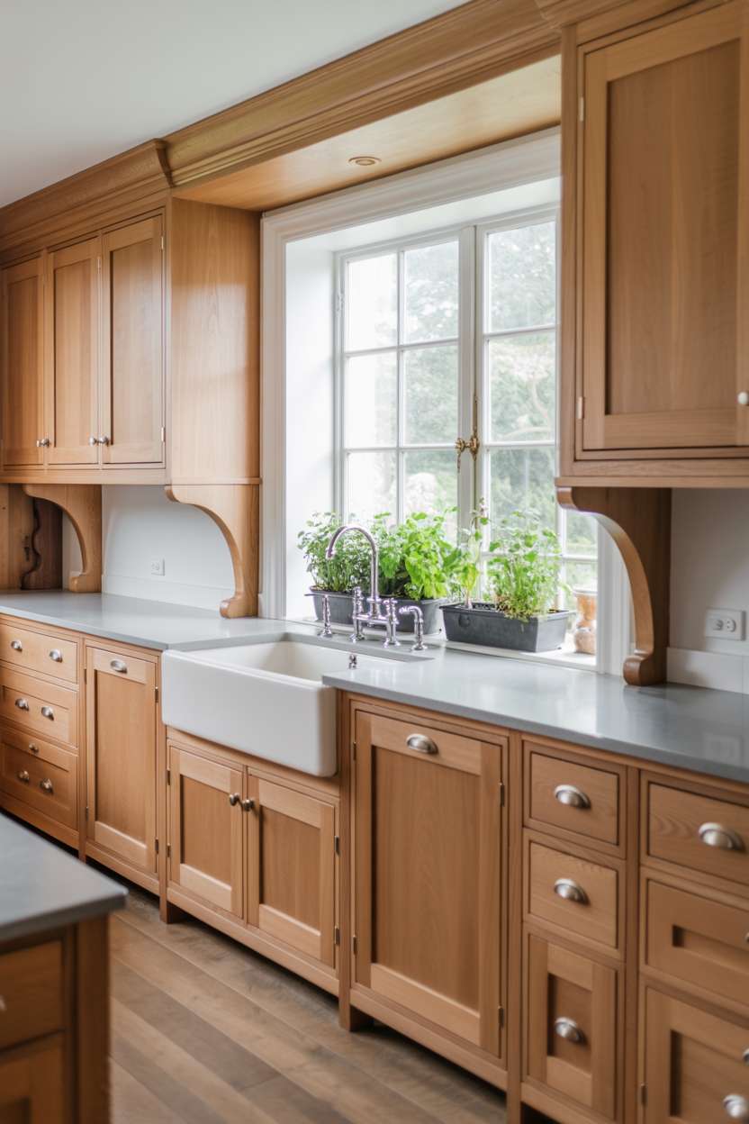 White oak kitchen with custom cabinetry, farmhouse sink, and herb garden view