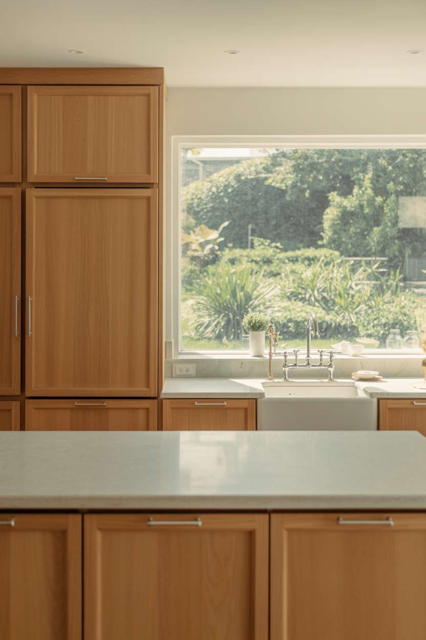 Expansive white oak kitchen featuring minimalist cabinetry and integrated appliances