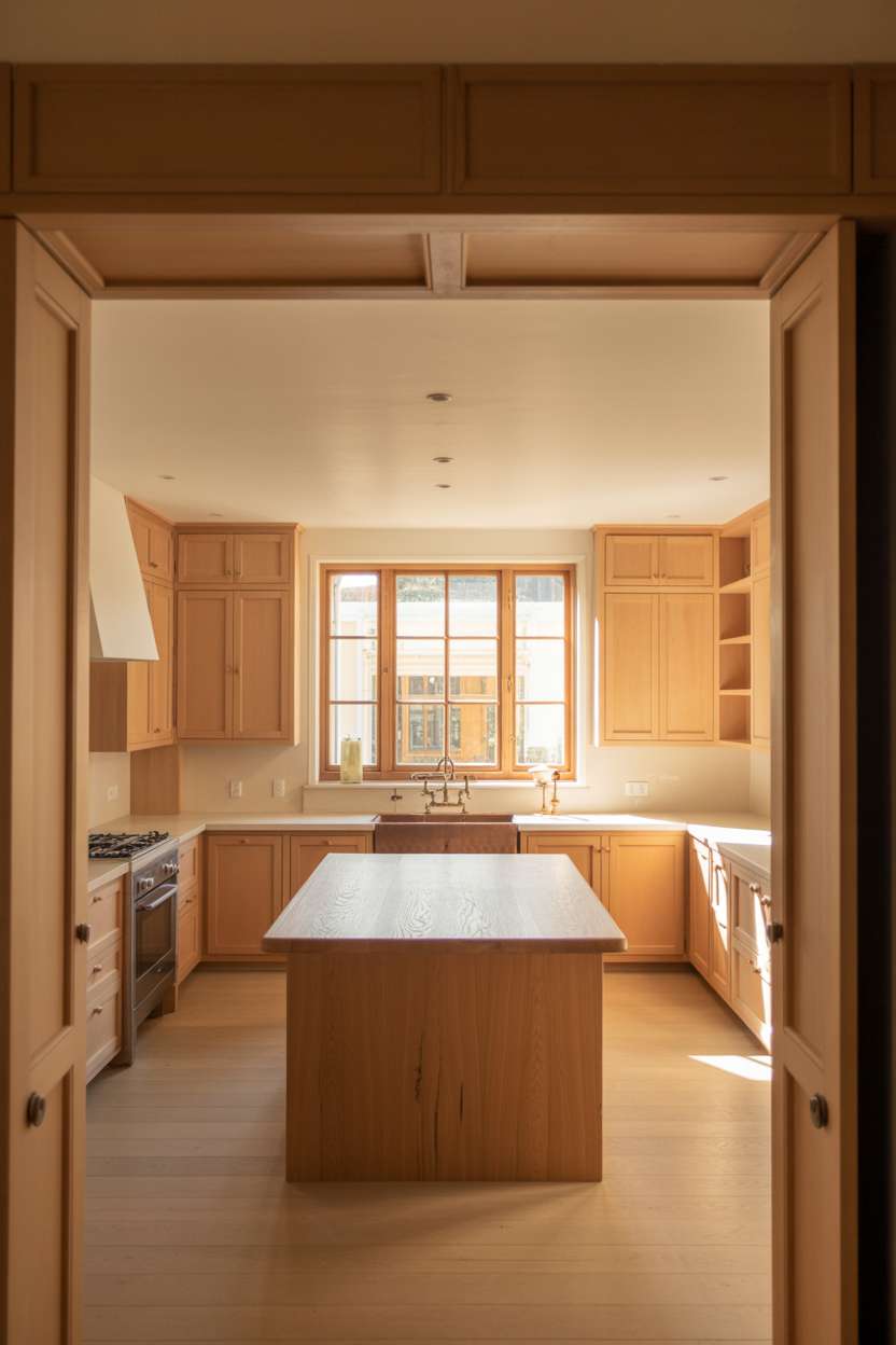 White oak kitchen with copper farmhouse sink and adjoining living area