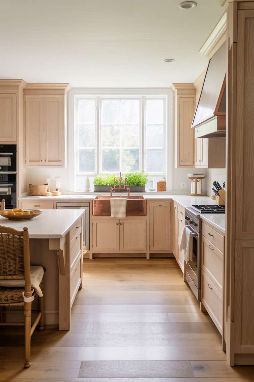 U-shaped white oak kitchen with central island and breakfast nook
