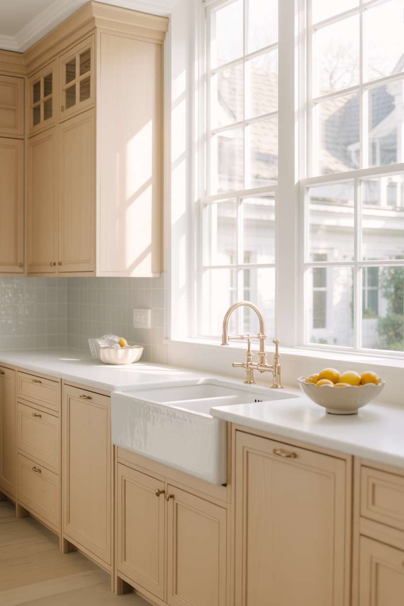 Minimalist white oak kitchen with brushed brass hardware and ceramic bowl styling