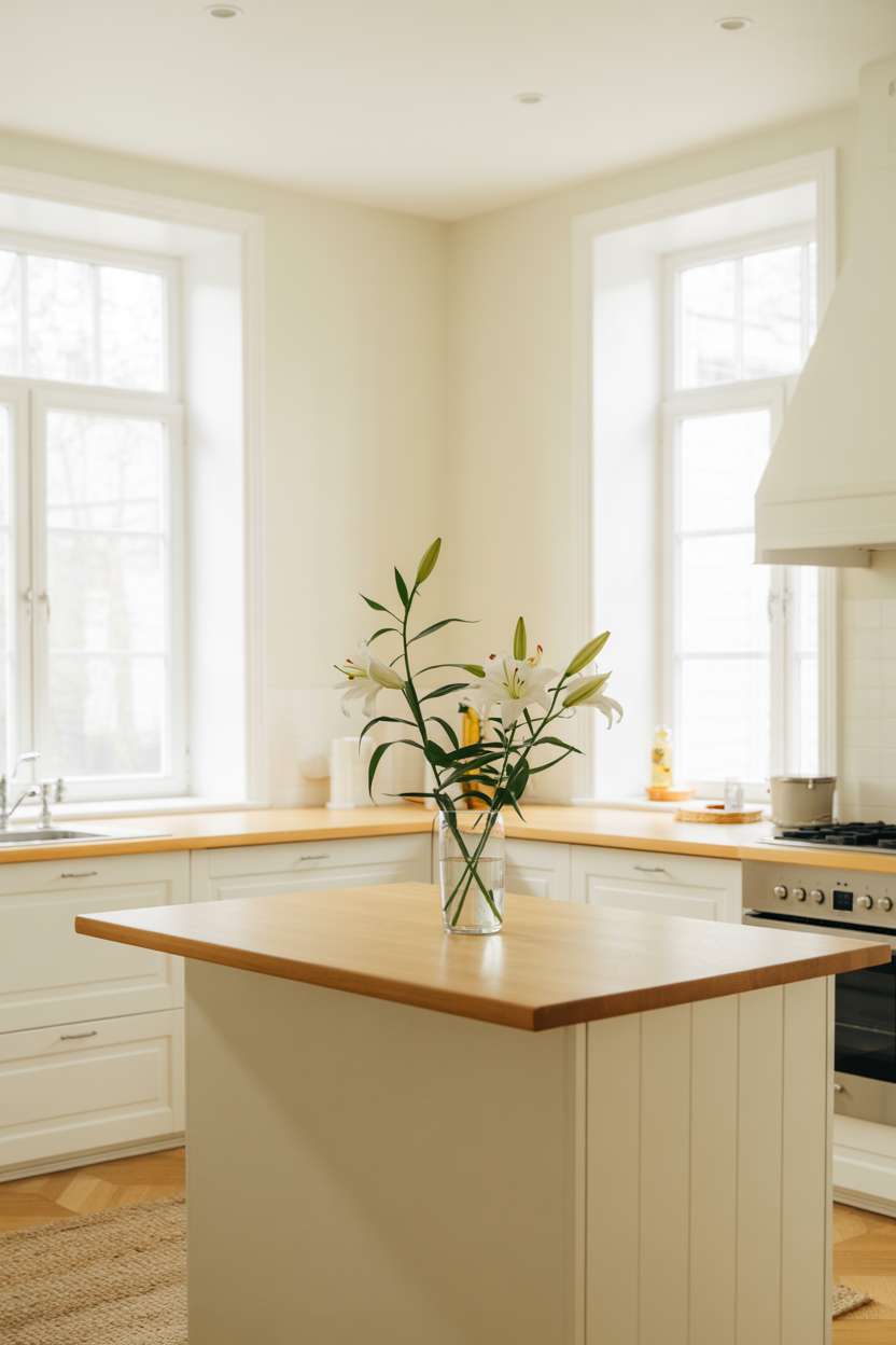 Modern white oak kitchen featuring minimalist island with white lily arrangement