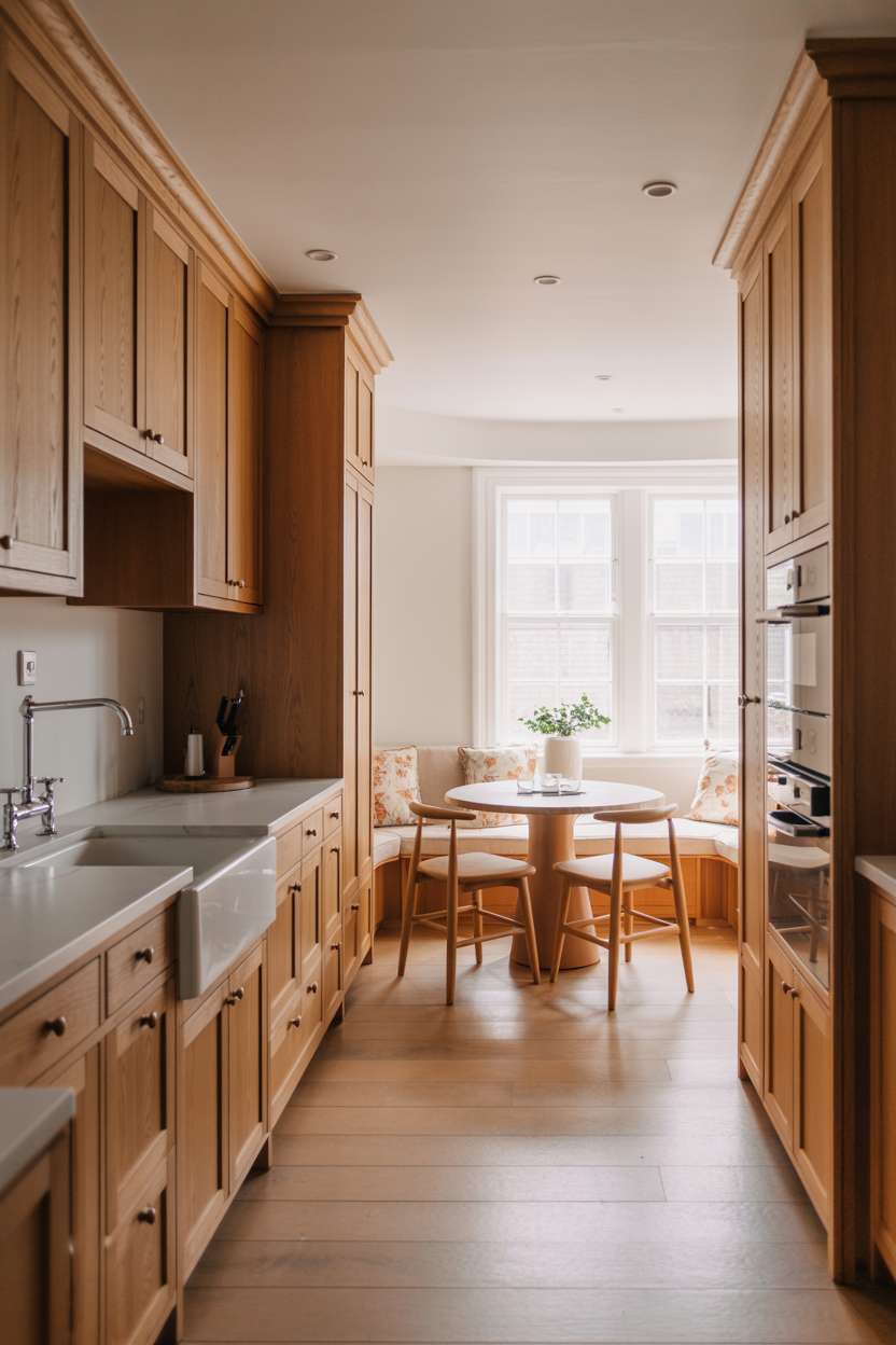 White oak kitchen with integrated breakfast nook and comfortable seating