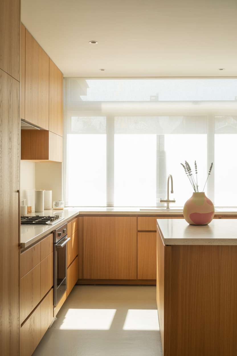 Contemporary white oak kitchen with handleless cabinets and waterfall countertop