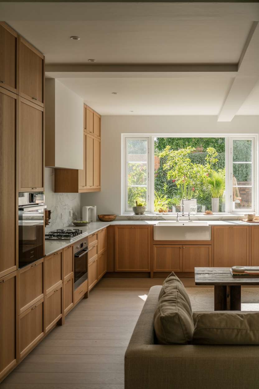 White oak kitchen viewed from living area with light grey marble countertops