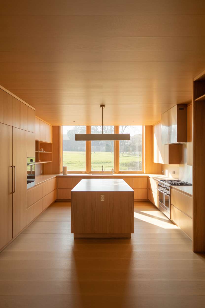 Large white oak kitchen with central island and minimalist pendant light