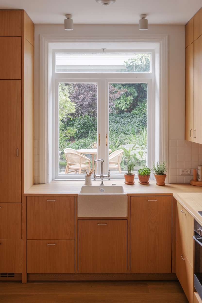 Small white oak kitchen with window herb garden and breakfast nook