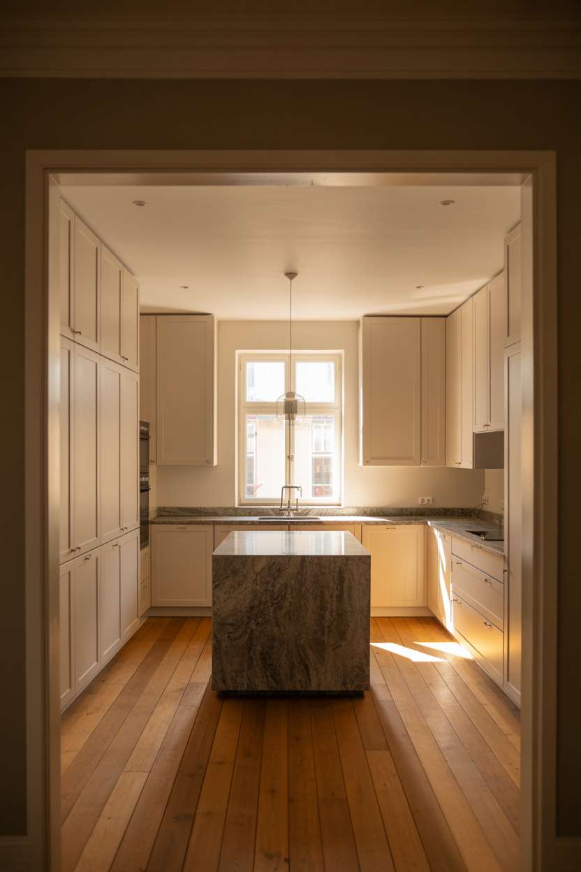 Small white oak kitchen with dark grey marble island and Scandinavian design elements