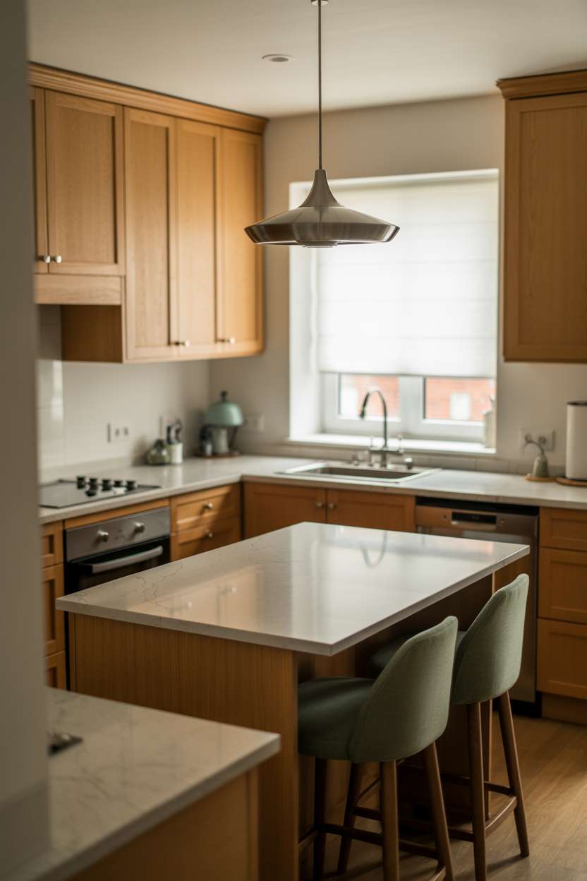 White oak kitchen with teal bar stools and modern pendant lighting