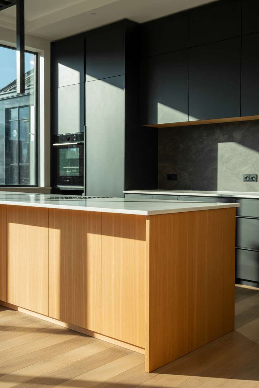Modern kitchen combining white oak flooring with dark gray cabinetry