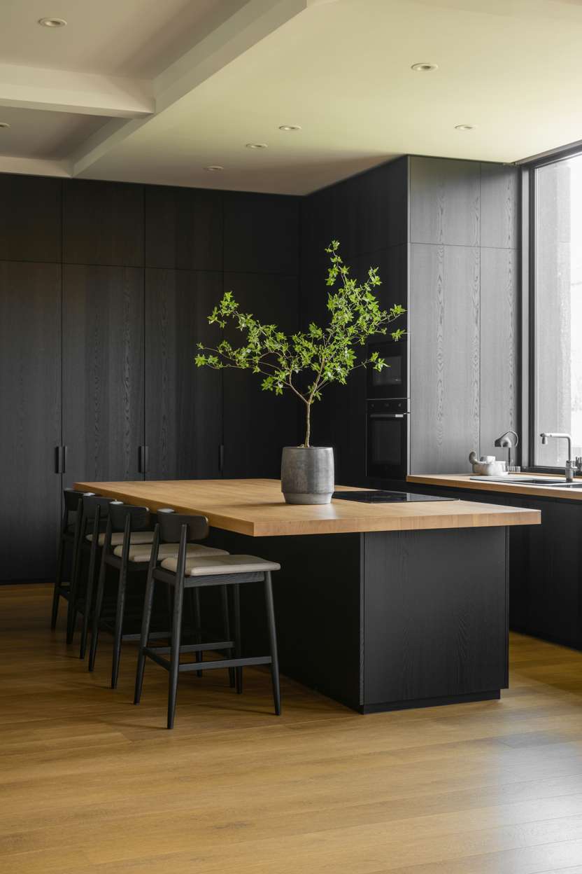 Modern kitchen featuring black island with white oak countertop and flooring