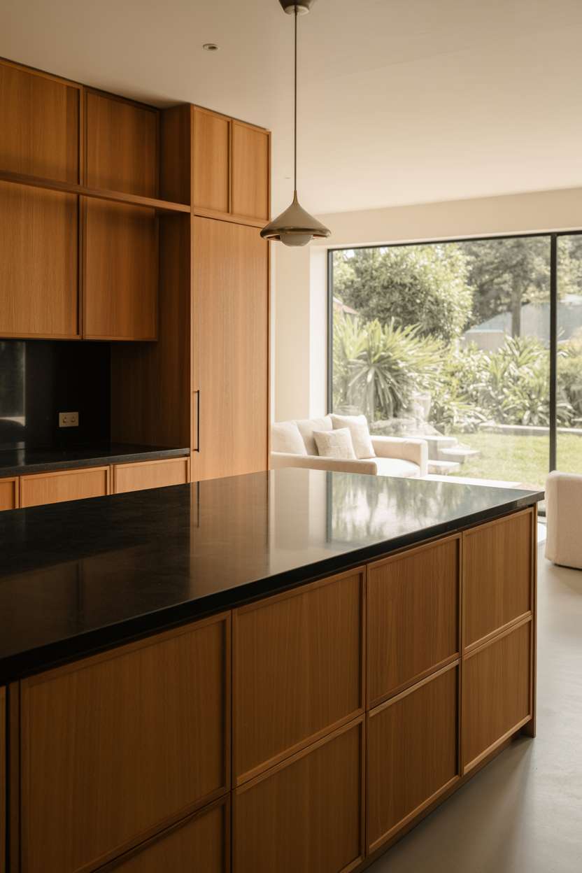 White oak kitchen island with polished black granite countertops