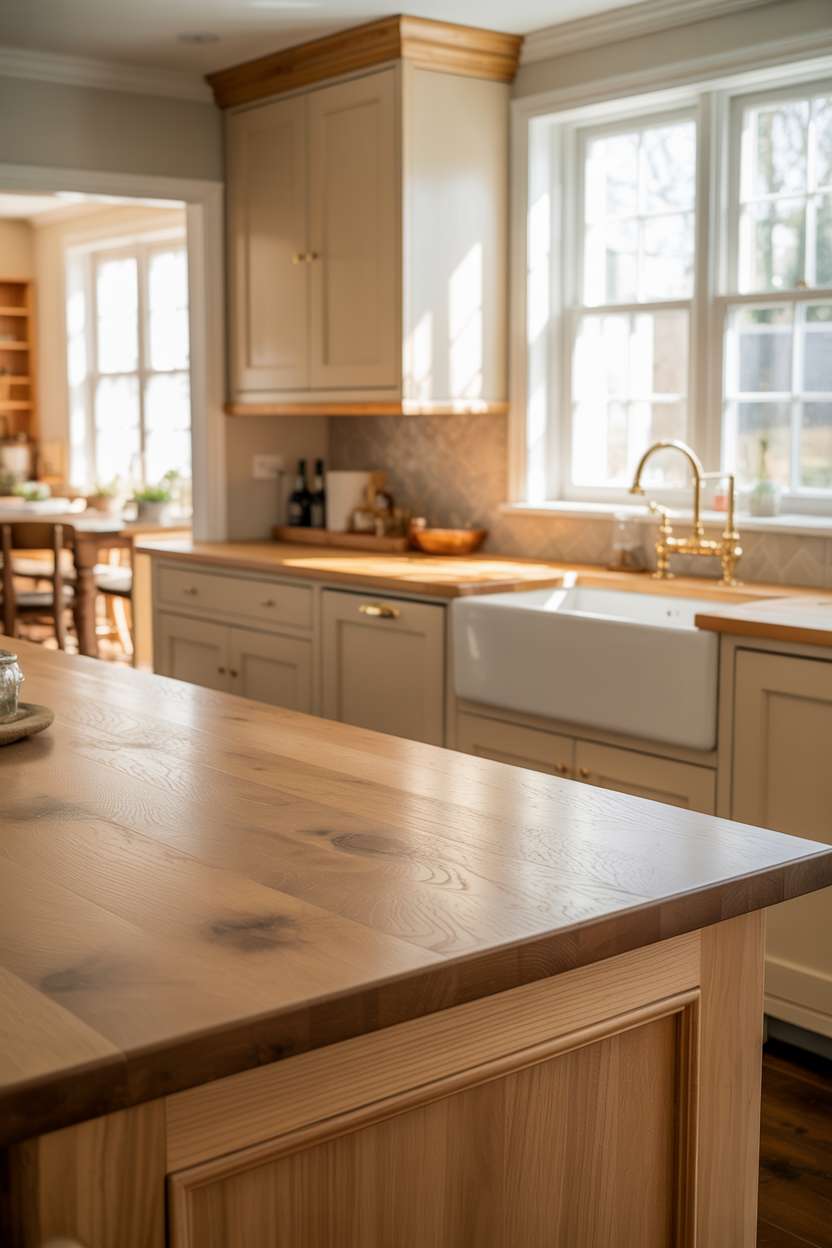 White oak kitchen island with built-in farmhouse sink and brass fixtures