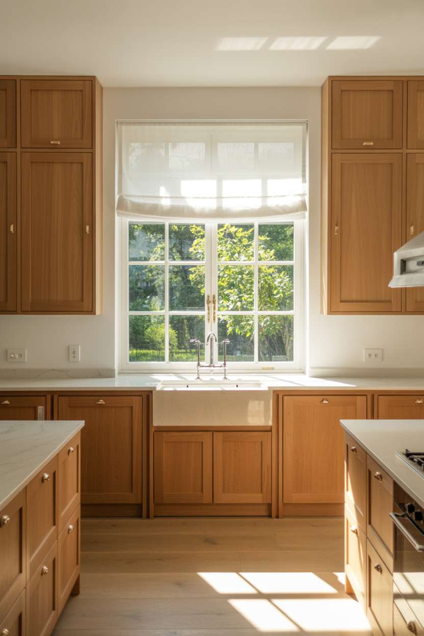 Spacious white oak kitchen with garden view and morning light