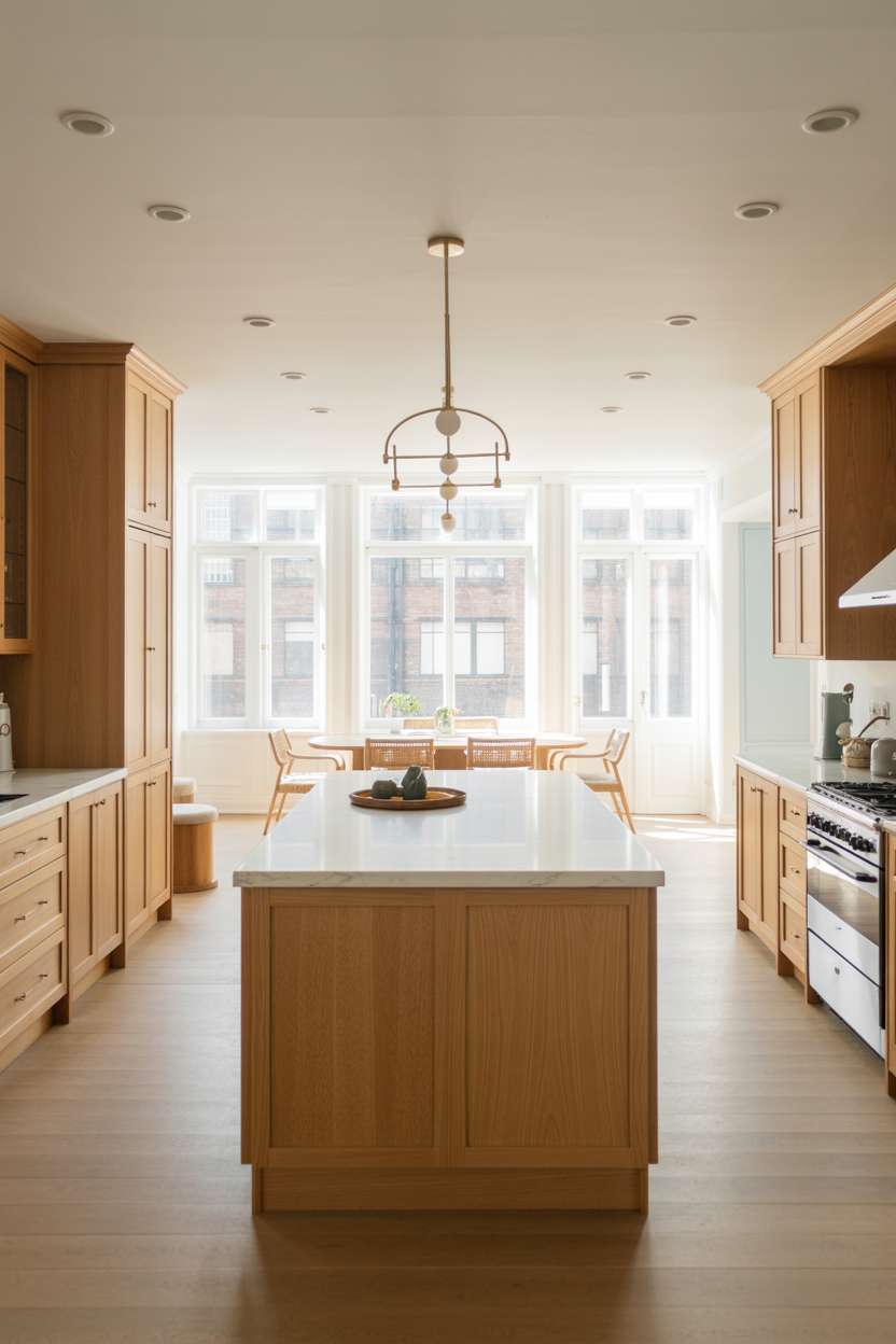White oak kitchen with white marble island and blue accent wall breakfast nook