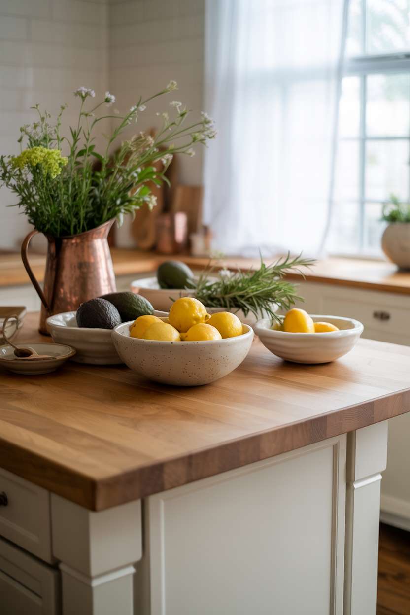 White oak kitchen island styled with ceramic bowls, lemons, and wildflowers