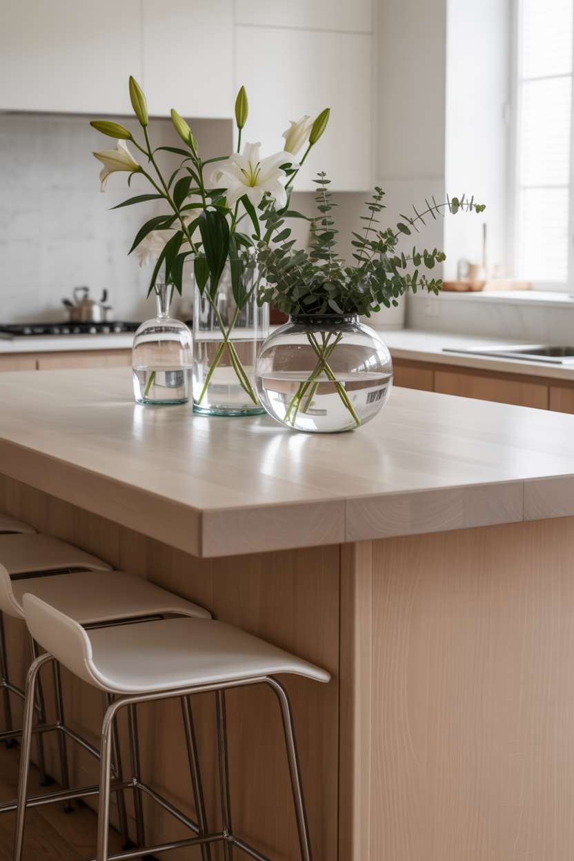 White oak kitchen island with chrome bar stools and glass vase arrangements