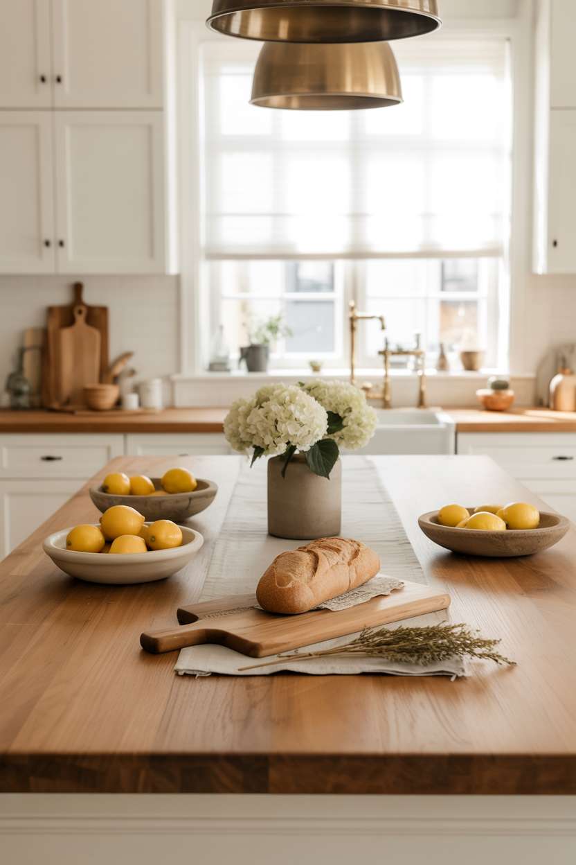 Large white oak kitchen island with seagrass runner and brass pendant lights