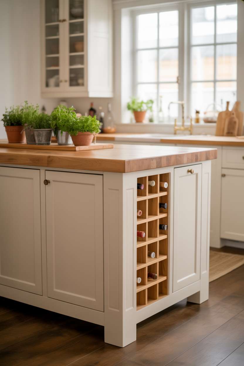 White oak kitchen island with built-in wine rack and terracotta herb pots