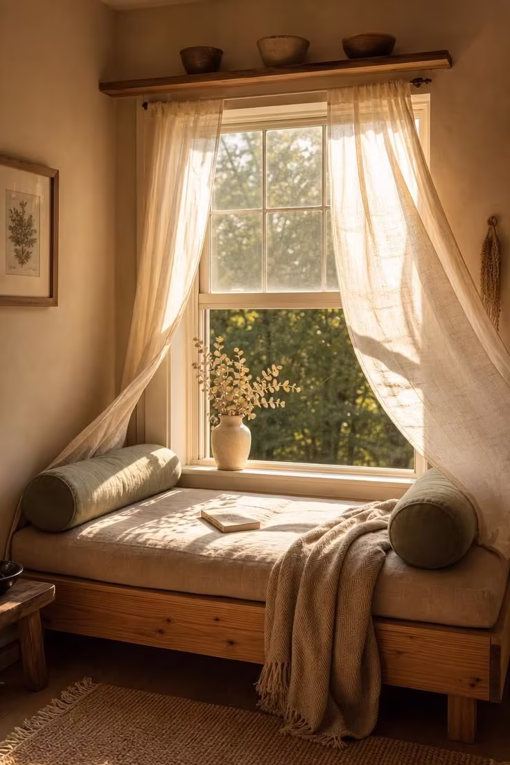 A pine daybed with an oatmeal linen cushion tucked into a double-hung window alcove, bathed in warm golden afternoon light with sheer curtains billowing inward.