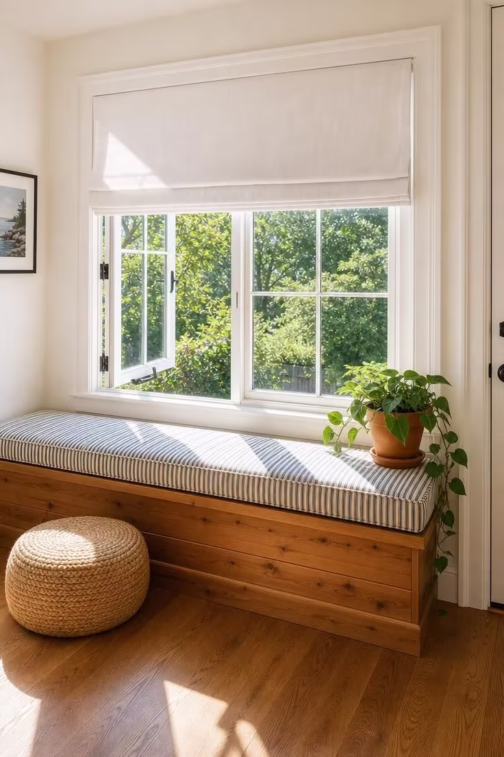 A wide view of a cedar plank bench beneath an open casement window with bright midday sunlight, a navy striped ticking cushion, and a jute floor pouf on oak hardwood.