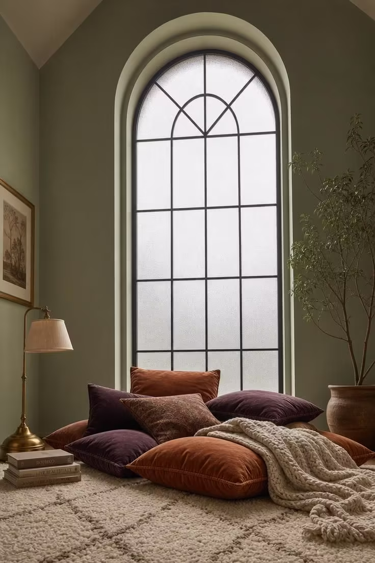 Velvet floor cushions in rust and plum stacked beneath a tall arched window with iron muntins and frosted glass, bathed in soft diffused light on an ivory wool rug.