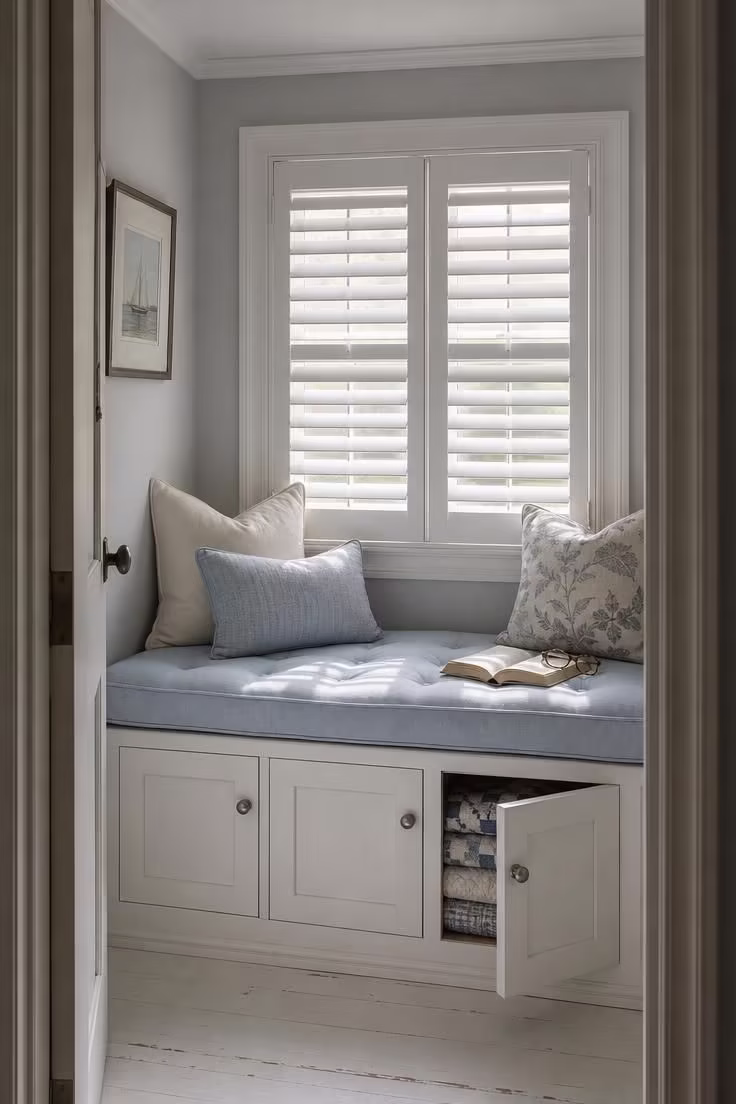 A white painted MDF window seat with shaker-panel storage doors, a pale blue tufted linen cushion, and plantation shutters filtering silver overcast light from a doorway perspective.