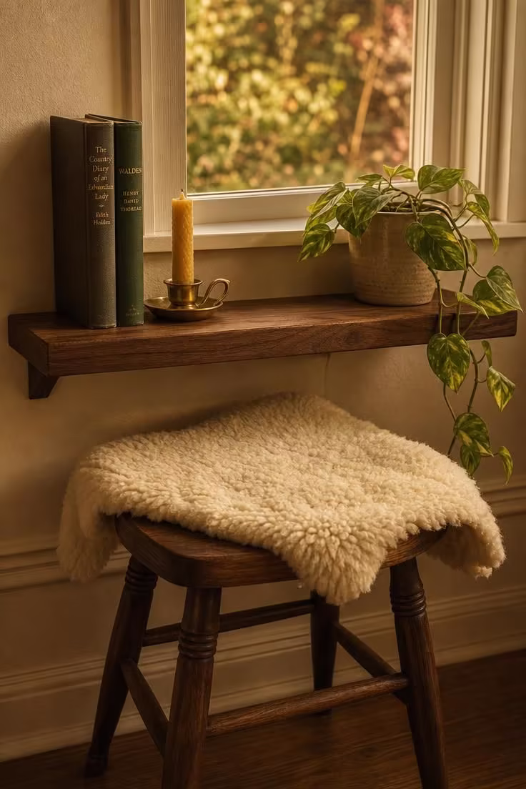 A close-up of a walnut ledge shelf below a window holding books and a beeswax candle, with a sheepskin-draped walnut stool beneath it in warm golden afternoon light.
